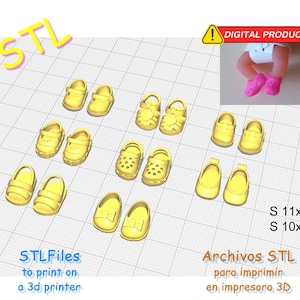 May include: A collection of yellow 3D-printed baby shoe models, including sandals, clogs, and Mary Janes. The image includes the text "STL Files to print on a 3d printer" and "Digital Product".