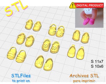 Kit di 8 modelli di mini scarpine per bambole da bambina in 2 misure: 11x7mm e 10x6mm - File STL per la stampa 3D - Mini miniature per neonati.