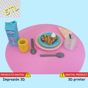 May include: A 3D printed miniature breakfast scene with a heart-shaped waffle, a carton of milk, a cup, two spoons, and a creamer. The scene is set on a pink table.