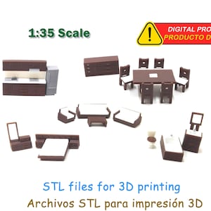 May include: A set of 3D printable furniture models for a 1:35 scale model home. The set includes a kitchen, bedroom, bathroom, and living room furniture. The models are designed for 3D printing and are available as STL files.