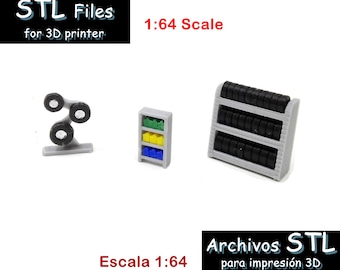 1:64 scale automotive items for car mechanic – TIRES RACK, oils rack -workshop diorama - STL files for 3D printer  - garage – Miniatures