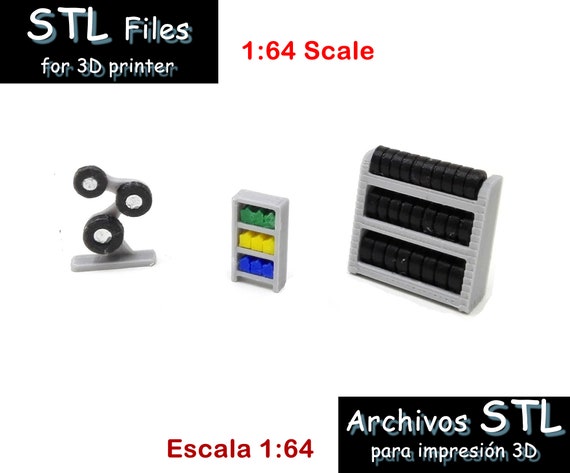 Artículos automotrices escala 1:64 - ESTANTES PARA LLANTAS, aceites. Archivos Stl para impresión 3D - Diorama de taller mecánico/garage