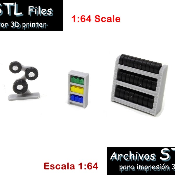 1:64 scale automotive items for car mechanic – TIRES RACK, oils rack -workshop diorama - STL files for 3D printer  - garage – Miniatures
