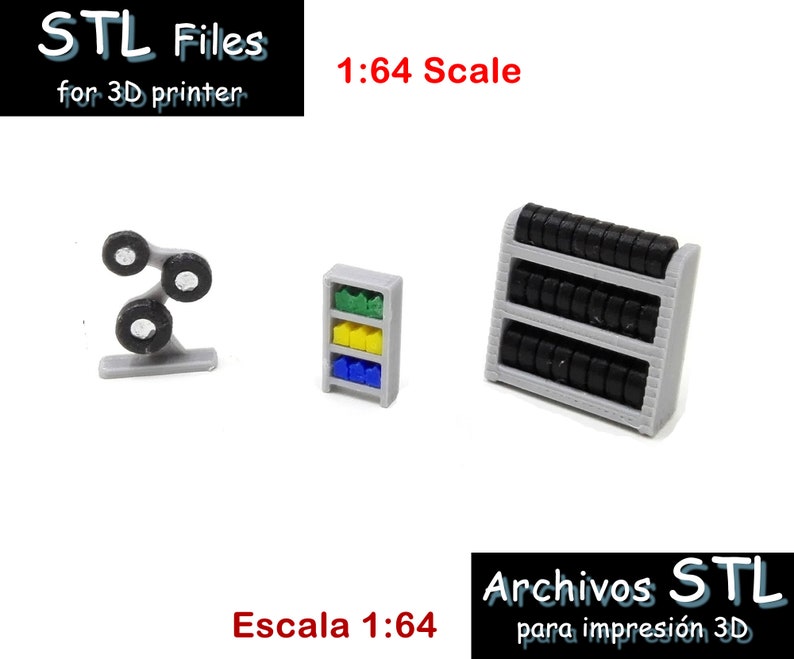 May include: Three 3D printed models for a 1:64 scale model train set. The models are a tire rack, a shelf with colorful boxes, and a tire stand. The models are printed in gray plastic with black tires. The text "STL Files for 3D printer" and "1:64 Scale" is visible in the image.