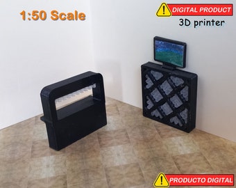 Bar furniture and TV - 1:50 Scale –  STL Models For 3D Printing –digital download - Miniature Furniture