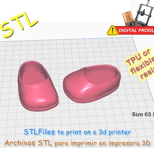 Puede incluir: Un par de zapatos de bebé rosas impresos en 3D. La imagen incluye el texto "STLFiles to print on a 3d printer" y "Size 63.5". Los zapatos están diseñados para ser impresos con TPU o resina flexible.