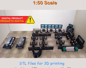 Restaurant Bar items pack - 1:50 scale - STL files for 3D printing - miniature furniture for models. Canteen, buffet.