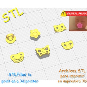 Op de afbeelding: Gele 3D-geprinte fopspeenontwerpen, waaronder een bloem, een vlinder, een beer en een kattenkop, evenals een ringvormig ontwerp. De tekst "STL" en "STLFiles to print on a 3d printer" is inbegrepen. Er is ook een waarschuwing voor een digitaal product.