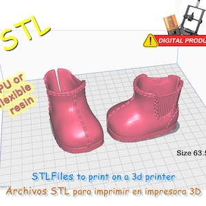 Puede incluir: Dos botines rosas impresos en 3D. Los botines se muestran sobre un fondo de cuadrícula. El texto de la imagen dice "STL", "TPU or flexible resin", "DIGITAL PRODUCT", "Size 63.5" y "STLFiles to print on a 3d printer".