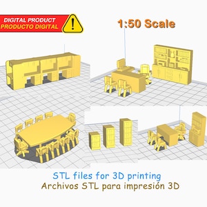 Office Furniture Kit- 1:50 Scale - STL files for 3D printing - miniature furniture for models. Desks, bookcases, filing cabinet, chairs.