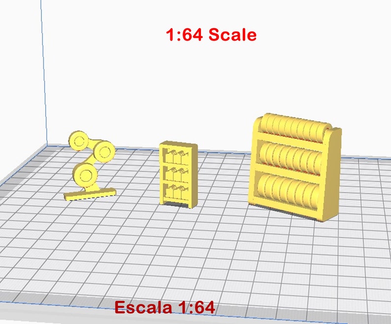 May include: Three yellow 3D printed models in 1:64 scale. The first model is a robotic arm with two rotating joints. The second model is a shelf with five rows of small rectangular objects. The third model is a shelf with three rows of round objects.