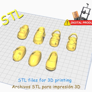 Könnte beinhalten: Eine Sammlung gelber, 3D-gedruckter Miniaturschuhe, darunter Sandalen, Loafer und Mary Janes, angeordnet auf einem Raster. Das Bild enthält den Text "STL files for 3D printing" und "DIGITAL PRODUCT".