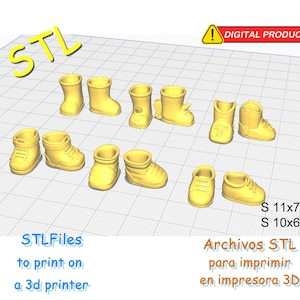 Op de afbeelding: Een verzameling gele digitale 3D-modellen van verschillende schoenstijlen, waaronder laarzen en sneakers, gerangschikt op een raster. De afbeelding bevat de tekst STL, DIGITAL PRODUCT, S 11x7, S 10x6 en Archivos STL para imprimir en impresora 3D.