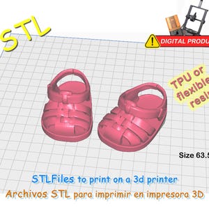 Puede incluir: Un par de sandalias rosas para bebé, impresas en 3D, tamaño 63,5. Diseñadas para impresión 3D con TPU o resina flexible. La imagen incluye el texto "STLFiles to print on a 3d printer" y "Archivos STL para imprimir en impresora 3D."