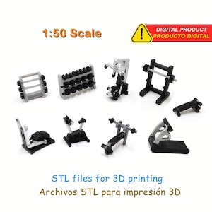 Puede incluir: Un conjunto de modelos de equipos de gimnasio imprimibles en 3D a escala 1:50. El conjunto incluye un estante para mancuernas, un banco de pesas, una barra de dominadas, una cinta de correr, una bicicleta estática y una elíptica. Archivos STL para impresión 3D.