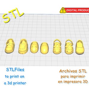 Könnte beinhalten: Eine Sammlung gelber 3D-gedruckter Babyschuhmodelle. Die Modelle umfassen einen Mary Jane, eine Sandale und einen geschlossenen Schuh. Der Text "STL Files to print on a 3d printer" ist ebenfalls enthalten.