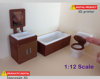 Bathroom -Toilet with lid that opens and furniture with doors that open 1:12 Scale - STL File -Miniature dollhouse