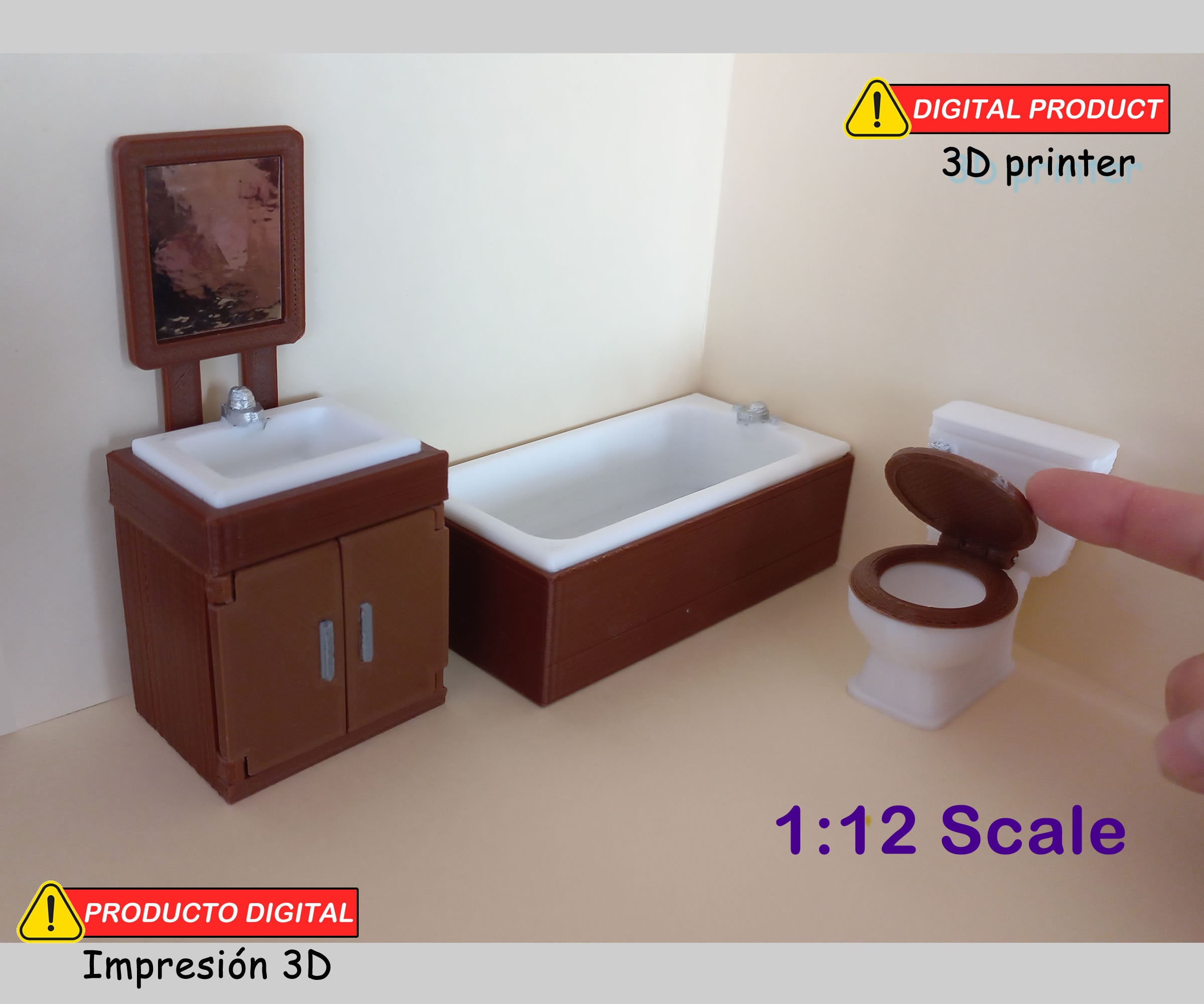 Bathroom -Toilet with lid that opens and furniture with doors that open 1:12 Scale - STL File -Miniature dollhouse