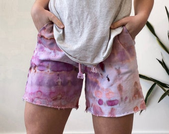 Ice Tie Dye Sweat Short Women's Bleach Dye  Hand Dyed Running Workout Shorts Lounge ware pockets Pink Coral Comfy