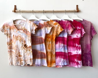 Tie Dye V-neck Top Tee Women's T-Shirt Ice Dye Pink Orange Cora Geode Hand Dyed Cotton Spring Summer Top