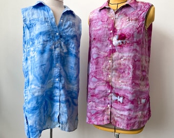 Ice Dye Linen Tank Tee Tunic Shift Dress Button Up Collar Extra Long Hand Dyed Womens Shirt Pink Blue