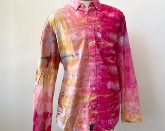 Tie Dye Dress Shirt Pink Orange Geode Button Down Men's Women's Unisex XXL Extra Large Long Sleeve Shirt Ice Dye Pocket Button Father's Day