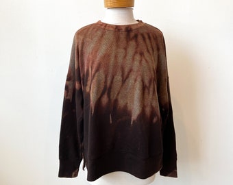 Reverse Tie Dye Long Sleeve Women's Sweatshirt Sweat Shirt Cotton Shibori Hand Bleach Dye Black Brown Grey Rust