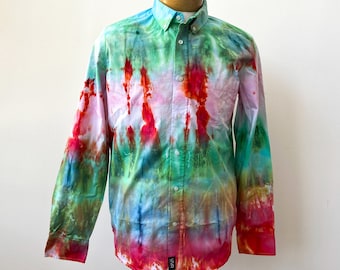 Tie Dye Dress Shirt Hand Dyed Green Red Geode Button Down Men's Women's Unisex Medium Long Sleeve Shirt Ice Dye Pocket Button Father's Day