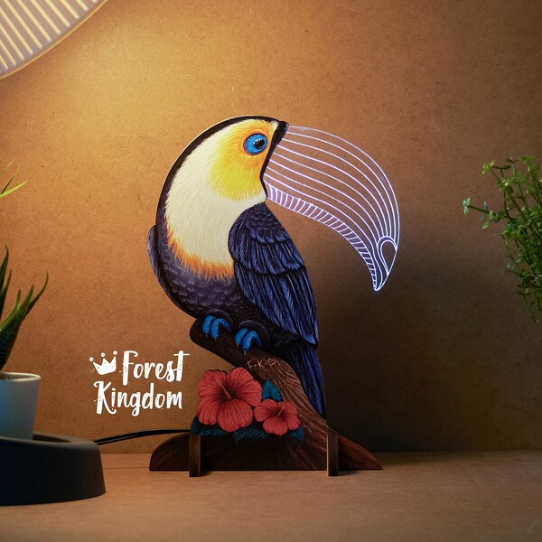 Toucan Moon Lamp - Night Light | Small Funky Table and Bedside Lamp | Nursery Decor Lamp | Wooden Acrylic Lamp | LED Light | Forest Kingdom