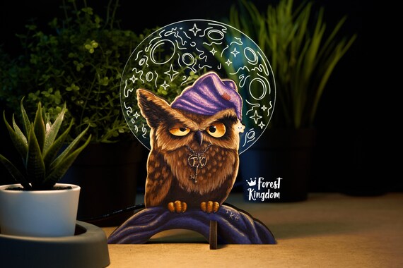 Lampe Hibou Lune Veilleuse Petite table funky et lampe de chevet Lampe de  décoration de pépinière Lampe acrylique en bois Lumière LED Royaume  forestier -  France