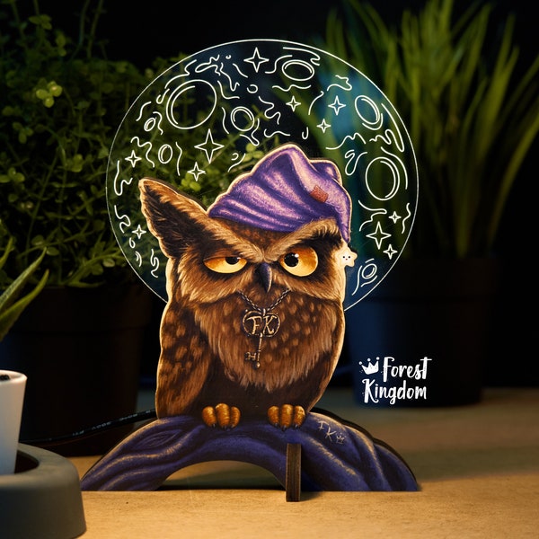 Owl Moon Lamp - Night Light | Small Funky Table and Bedside Lamp | Nursery Decor Lamp | Wooden Acrylic Lamp | LED Light | Forest Kingdom