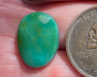 Può includere: Una pietra preziosa ovale di colore verde con un motivo bianco e giallo. La pietra preziosa è circa delle dimensioni di una moneta da 25 centesimi di dollaro americano.