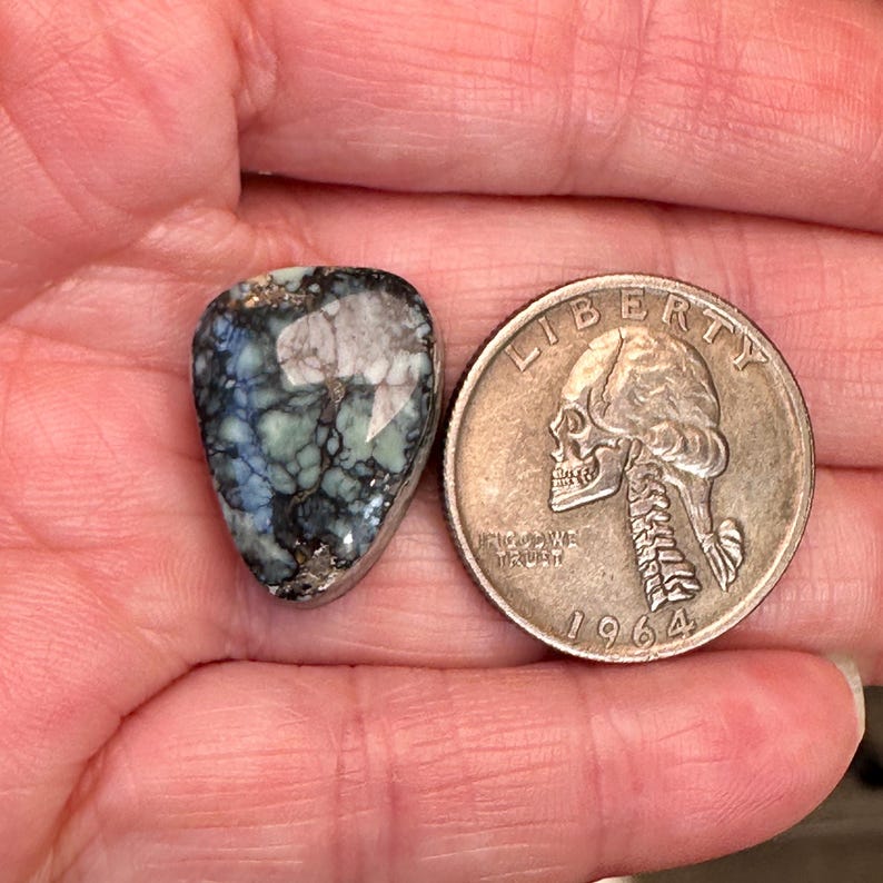 May include: A turquoise, white, and black Variscite cabochon gemstone with a silver fleck. The gemstone is about the size of a US quarter.
