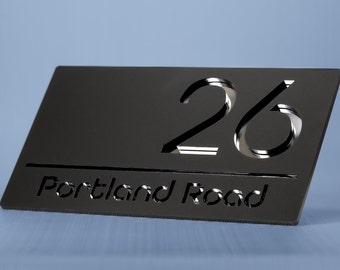 Laser Cut Matt Black & Silver Mirror Floating House Sign | 250mm x 140mm