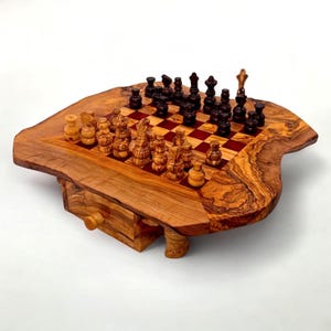 Olive Wood Chess Board gift, gift for him, birthday gift, chess lovers, christmas gift, chess set with two drawers. Handmade unique gift.
