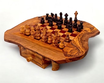 Olive Wood Chess Board gift, gift for him, birthday gift, chess lovers, christmas gift, chess set with two drawers. Handmade unique gift.