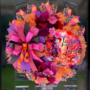 Halloween Wreath for Front Door, Pink and Orange Trick or Treat Halloween Sign and Bows, Cute and Spooky Wreath, Halloween Front Door Decor.