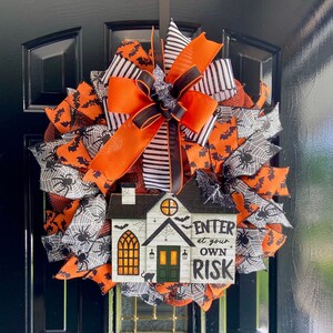Halloween Wreath for Front Door, Enter If You Dare Wood Sign, Orange and Black Halloween Door Decor.
