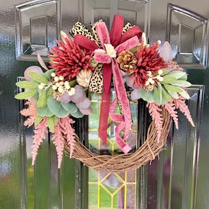 Boho Grapevine Wreath: Pink & Burgundy Floral Autumn Decor