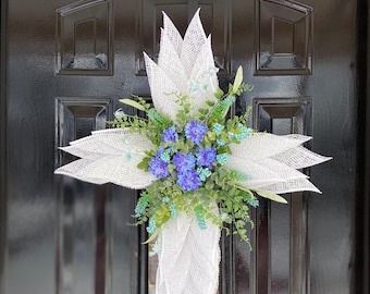 Burlap Cross Door Hanger: White & Blue Floral Wreath