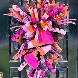 Halloween Candy Corn Door Swag, Pink and Orange Halloween Door Decoration, Spooky Chic Front Door Decor