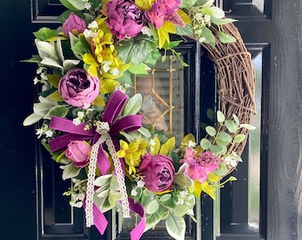 Purple Flower Grapevine Wreath for Front Door, All Seasons Door Decor, Country Chic Style Home Accent, Purple Peony Wreath.