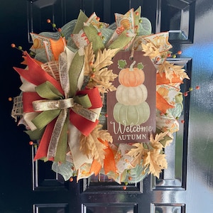 Fall Pumpkin Wreath for Front Door, Welcome Autumn Sign with Pumpkins, Thin Wreath, Thanksgiving Day Hostess Gift.