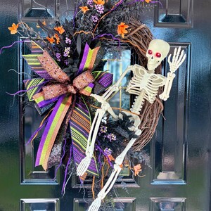 Halloween Skeleton Wreath: Purple & Black Gothic Front Door Decor.