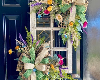 Farmhouse Window Door Hanger: Floral Wildflower Decor