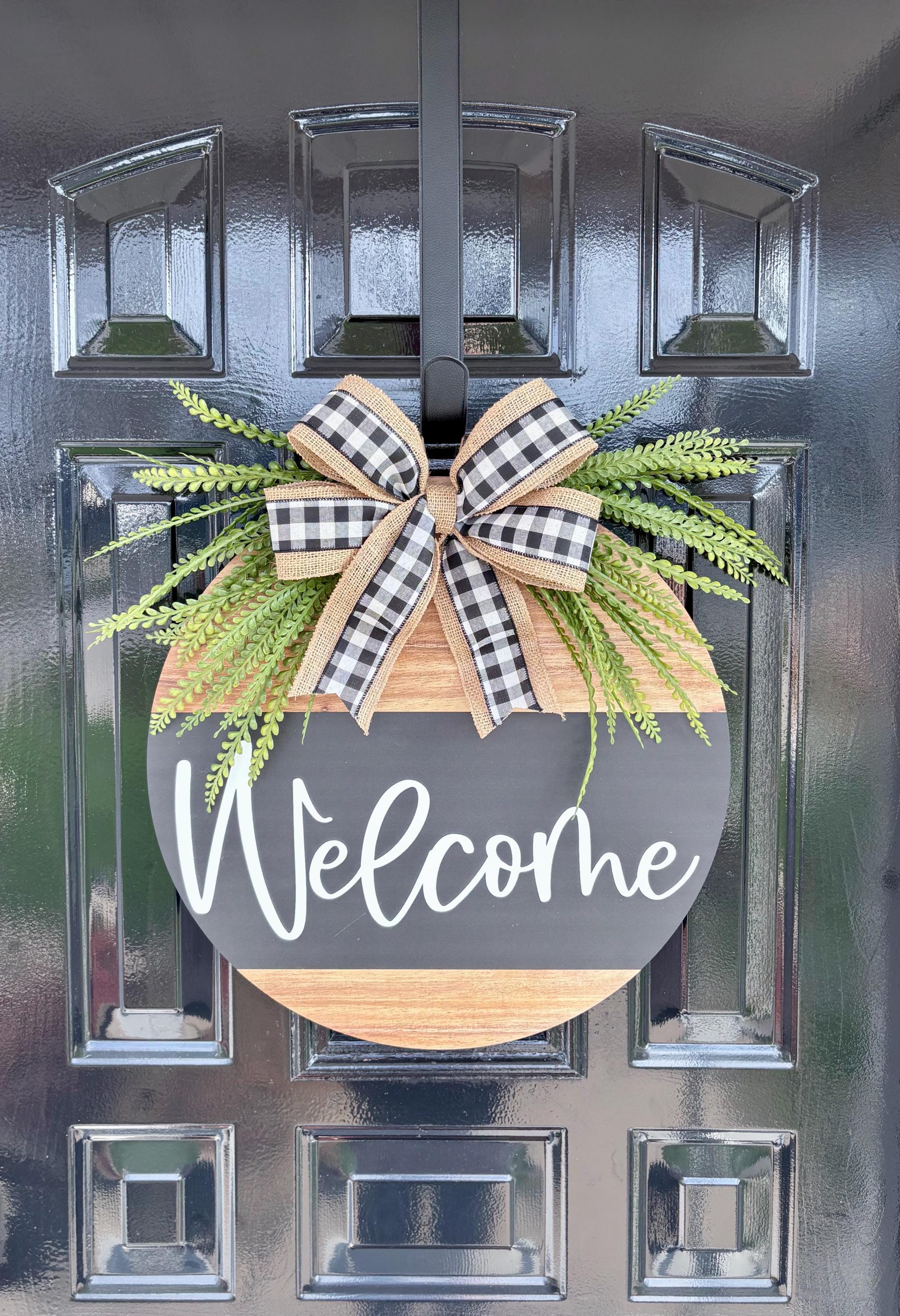Farmhouse Welcome Door Hanger: Buffalo Plaid Bow, Faux Greenery