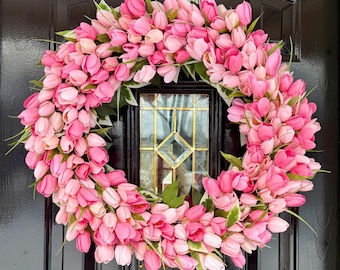 Pink Tulip Wreath: Spring Door Decor, Mother's Day Floral Decoration