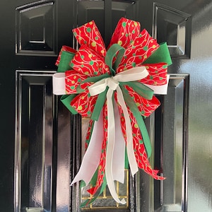 Festive Christmas Bow: Red, Green, and White Wired Ribbon
