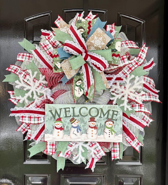Couronne De Porte De Noël - Déco Hiver Rouge Et Or - Ruban Et Ornements - Deco Mesh