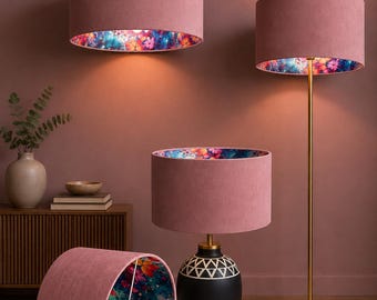 New made by order luxury double sided rose pink velvet and pink floral flower plant pattern DRUM shape lamp shade pendant light shade